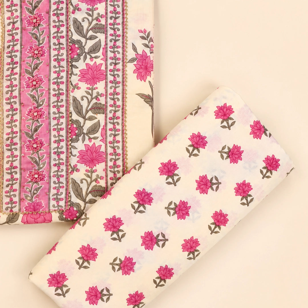 Cute Daisy Pink Cotton Unstitched Suit Set