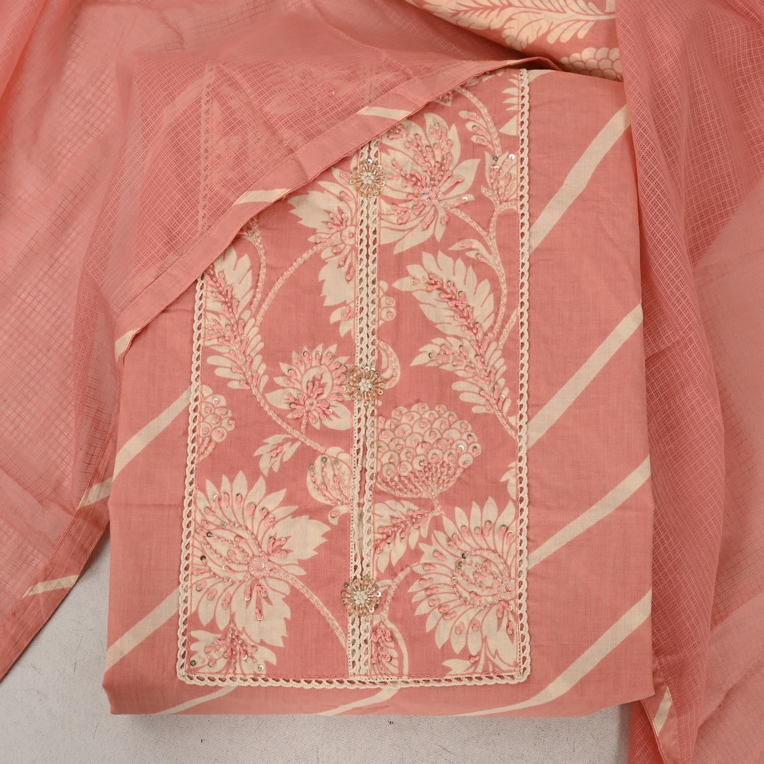 Cute Peach Leheriya Cotton Unstitched Suit Set