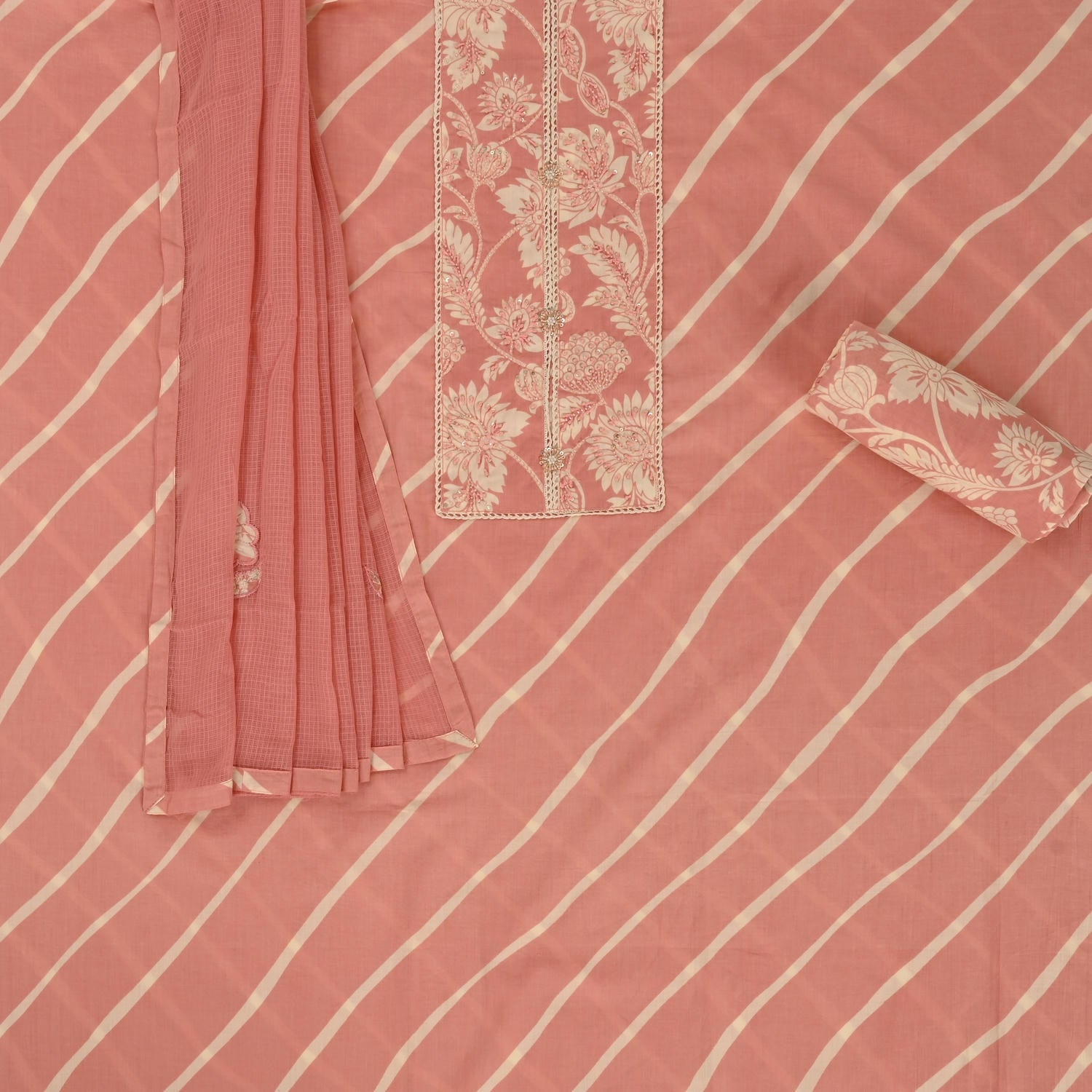 Cute Peach Leheriya Cotton Unstitched Suit Set