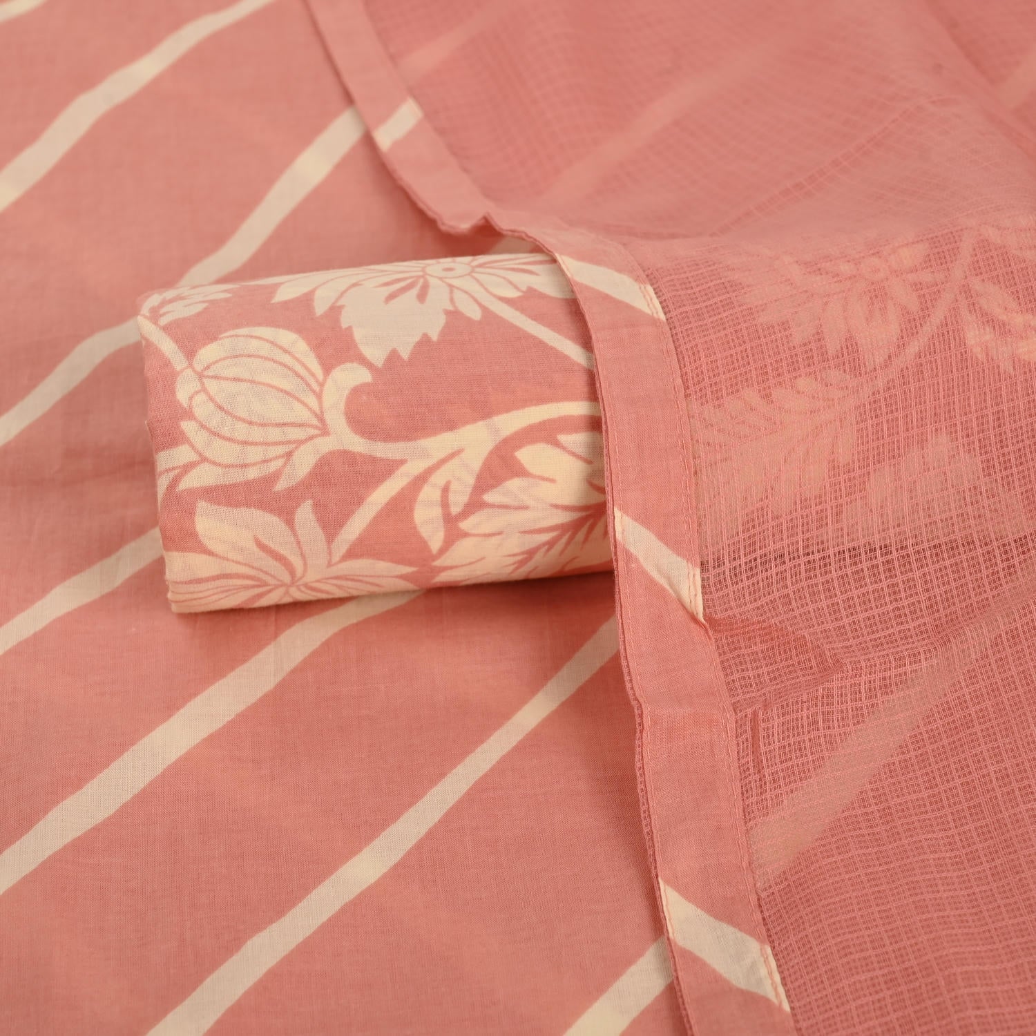 Cute Peach Leheriya Cotton Unstitched Suit Set