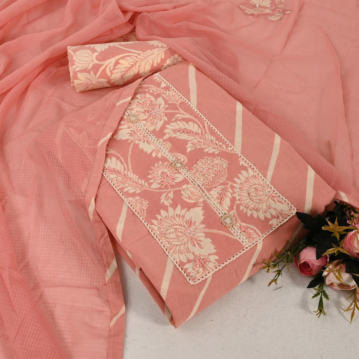 Cute Peach Leheriya Cotton Unstitched Suit Set