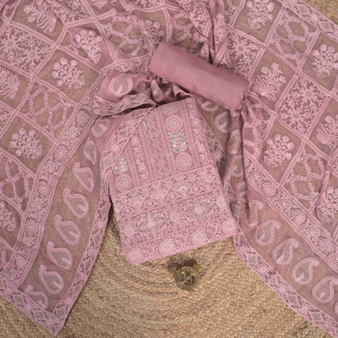 Cute Rosy Mauve ChikanKari Georgette Suit Set
