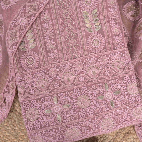 Cute Rosy Mauve ChikanKari Georgette Suit Set