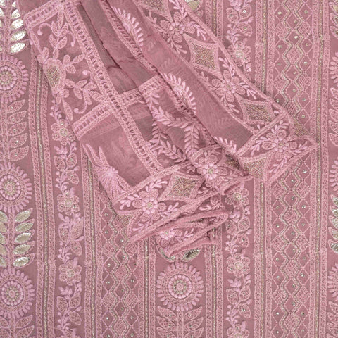 Cute Rosy Mauve ChikanKari Georgette Suit Set