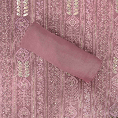 Cute Rosy Mauve ChikanKari Georgette Suit Set