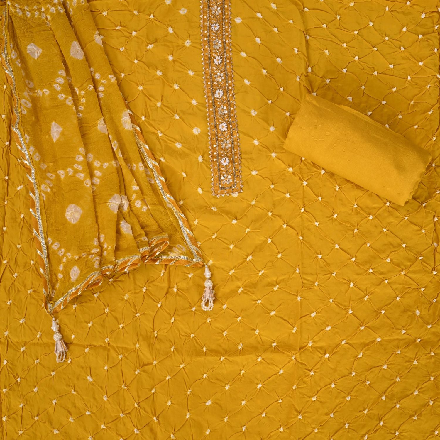 Haldi Yellow Crepe Bandhani Unstitched Suit Set