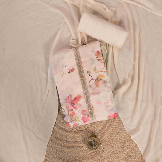Daisy Cream Organza Unstitched Suit Set