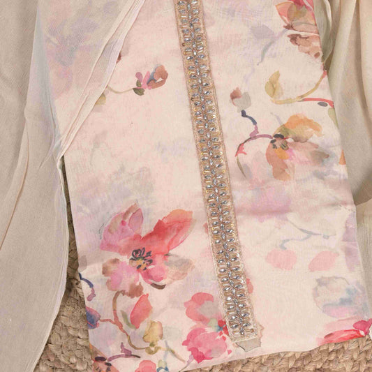 Daisy Cream Organza Unstitched Suit Set