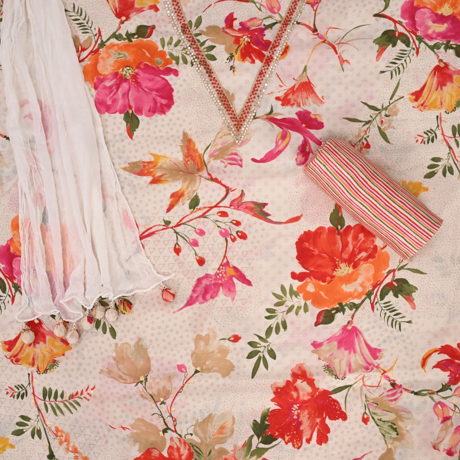 Daisy White Silk Unstitched Salwar Suit