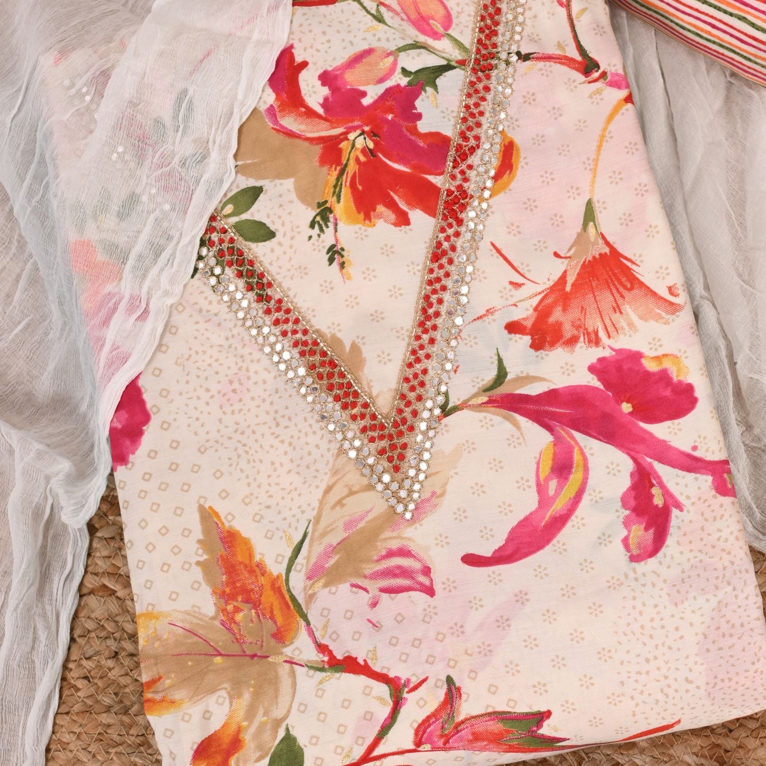 Daisy White Silk Unstitched Salwar Suit
