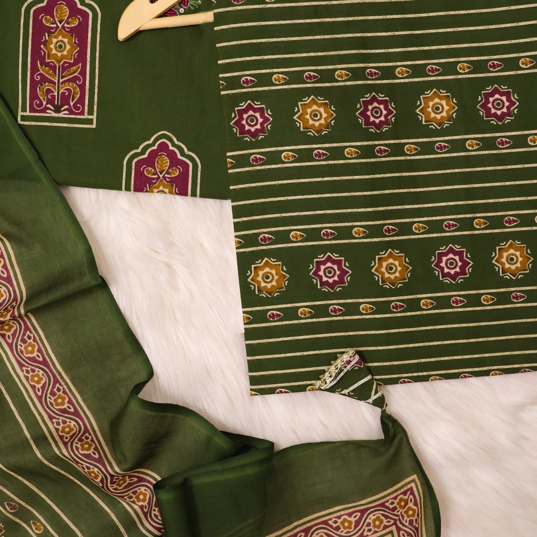 Dark Moss Kalamkari Print Cotton Unstitched Suit Set