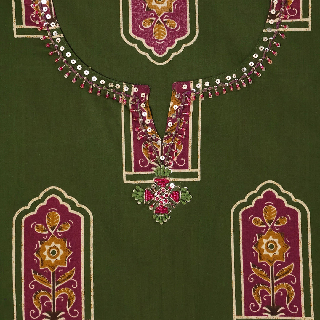 Dark Moss Kalamkari Print Cotton Unstitched Suit Set