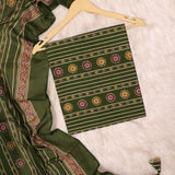 Dark Moss Kalamkari Print Cotton Unstitched Suit Set