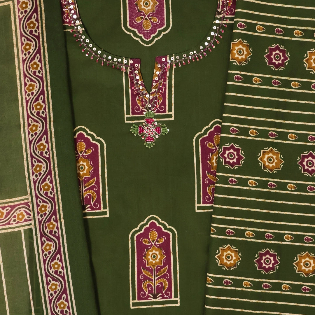 Dark Moss Kalamkari Print Cotton Unstitched Suit Set
