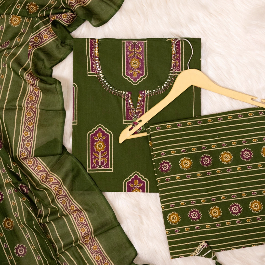 Dark Moss Kalamkari Print Cotton Unstitched Suit Set