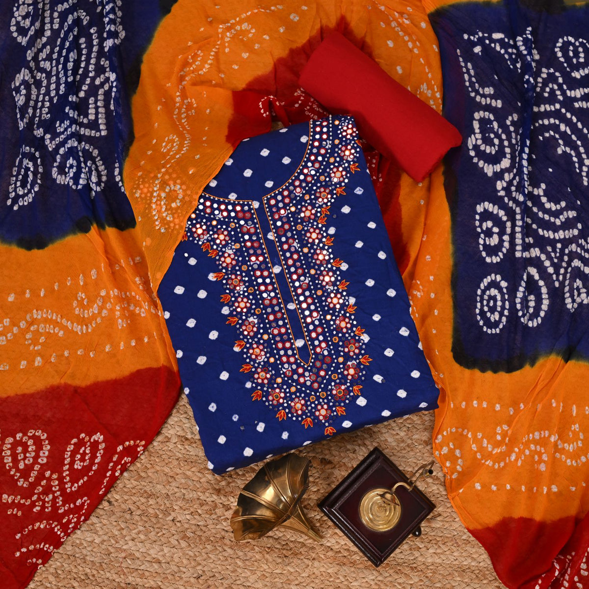 Egyptian Blue Bhandej Cotton Unstitched Salwar Suit