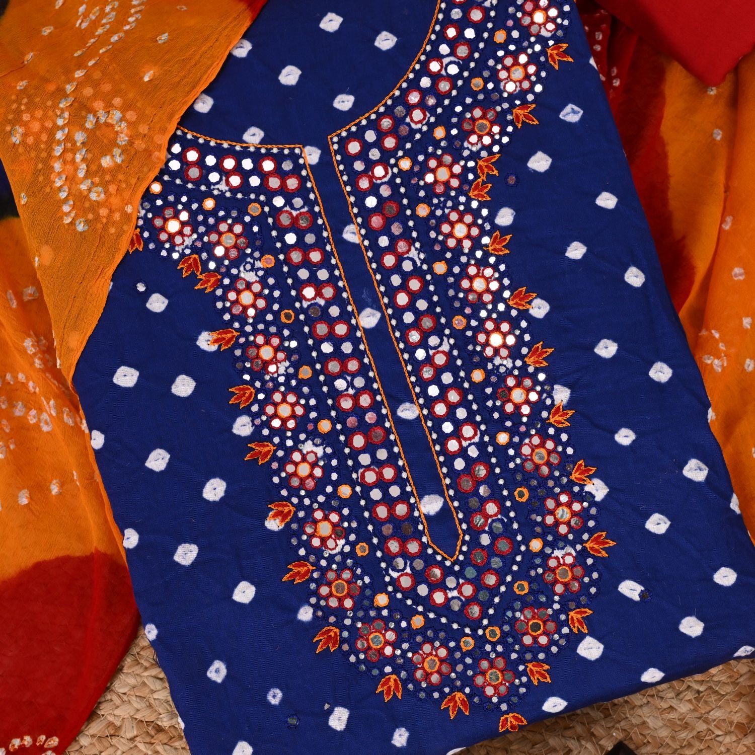 Egyptian Blue Bhandej Cotton Unstitched Salwar Suit