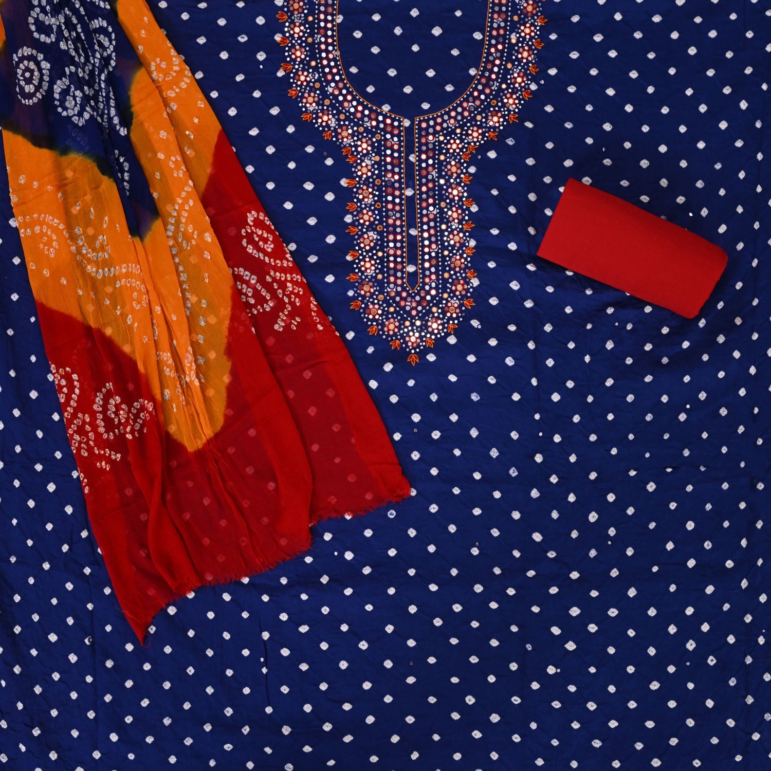 Egyptian Blue Bhandej Cotton Unstitched Salwar Suit
