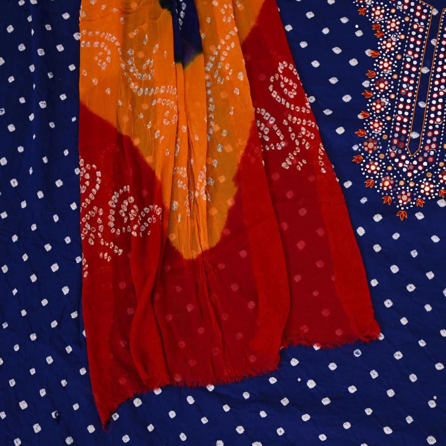 Egyptian Blue Bhandej Cotton Unstitched Salwar Suit