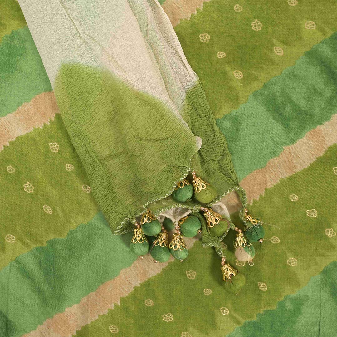 Emerald Green Leheriya Cotton Unstitched Jaipuri Suit Set With Chiffon Dupatta