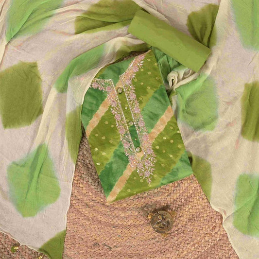 Emerald Green Leheriya Cotton Unstitched Jaipuri Suit Set With Chiffon Dupatta