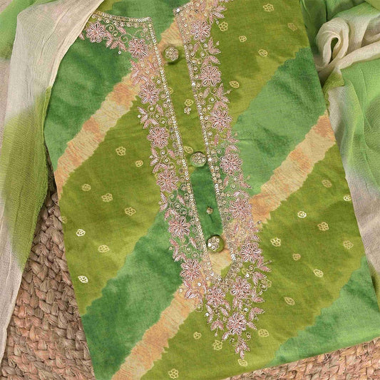Emerald Green Leheriya Cotton Unstitched Jaipuri Suit Set With Chiffon Dupatta