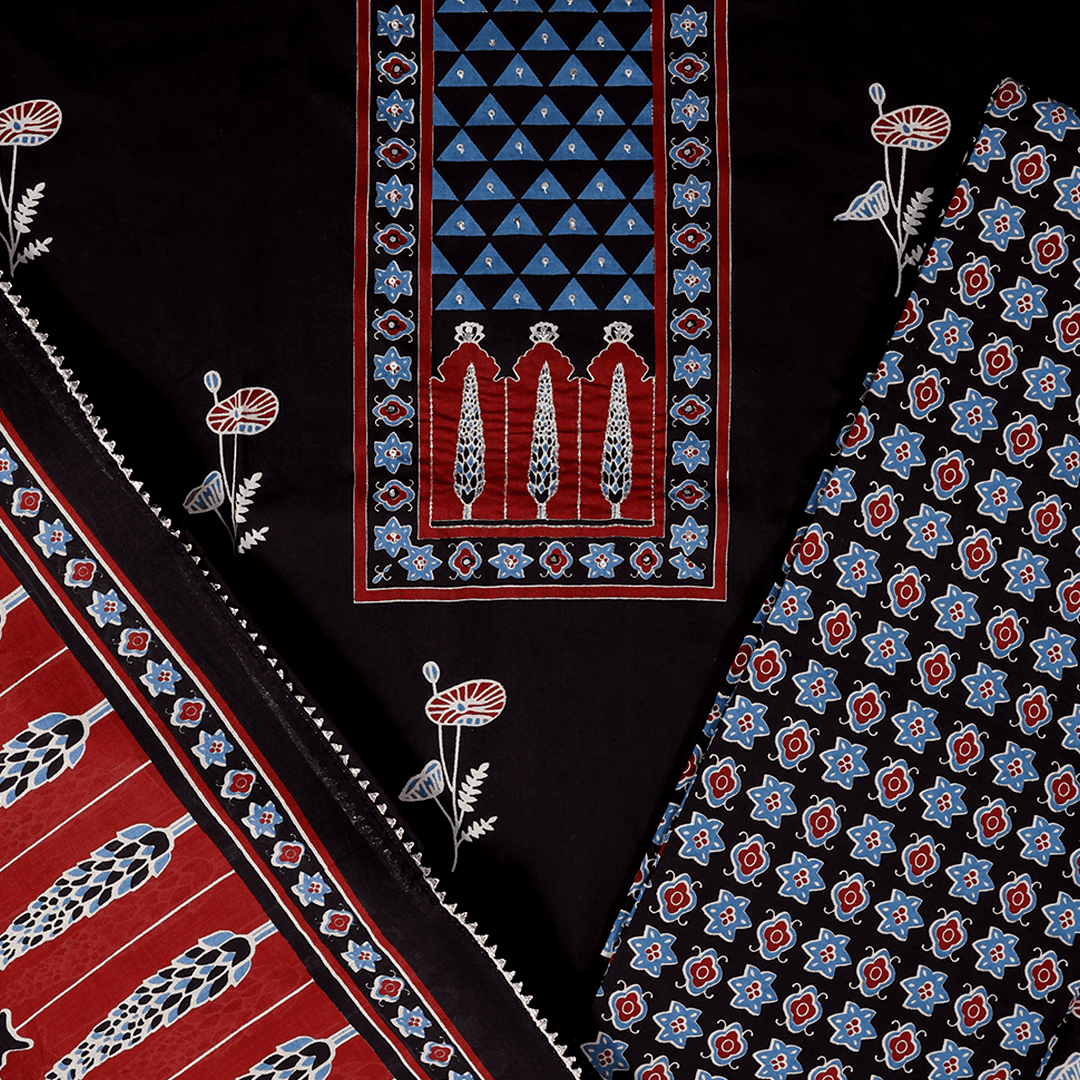 Exquisite Black Ajrak Print Cotton Unstitched Suit Set