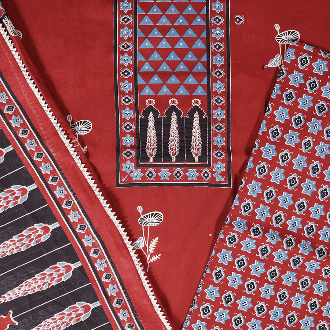 Exquisite Marron Ajrak Print Cotton Unstitched Suit Set