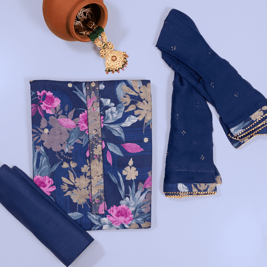 Eye Soothing Blue Cotton Unstitched Suit Set