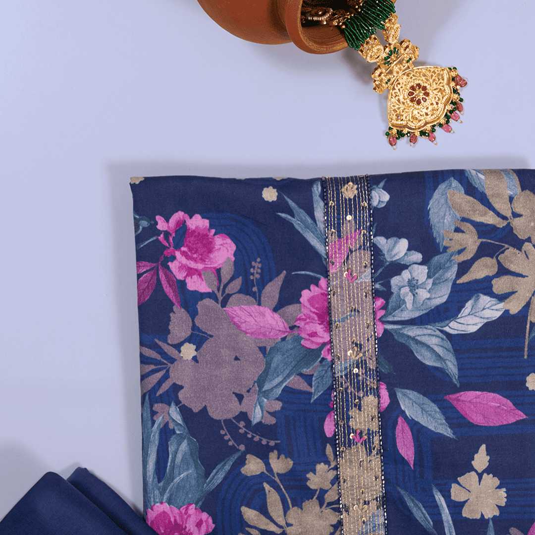 Eye Soothing Blue Cotton Unstitched Suit Set