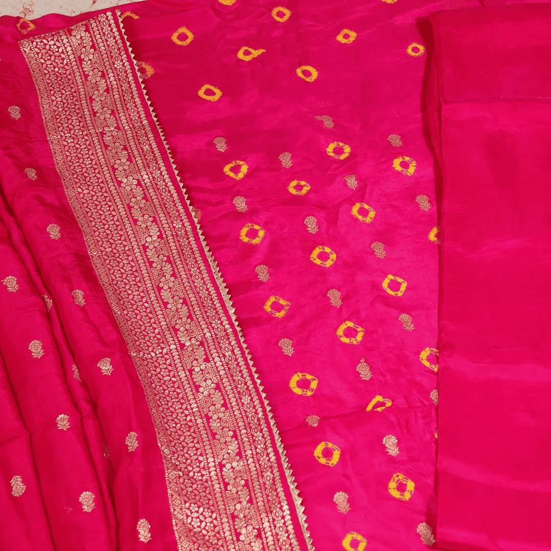 Festive Rani Silk Bhandej Unstitched Suit Set