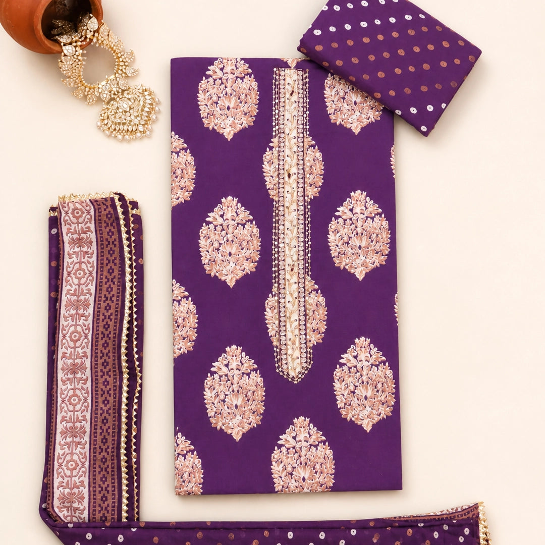Figgy Purple Cotton Unstitched Suit Set