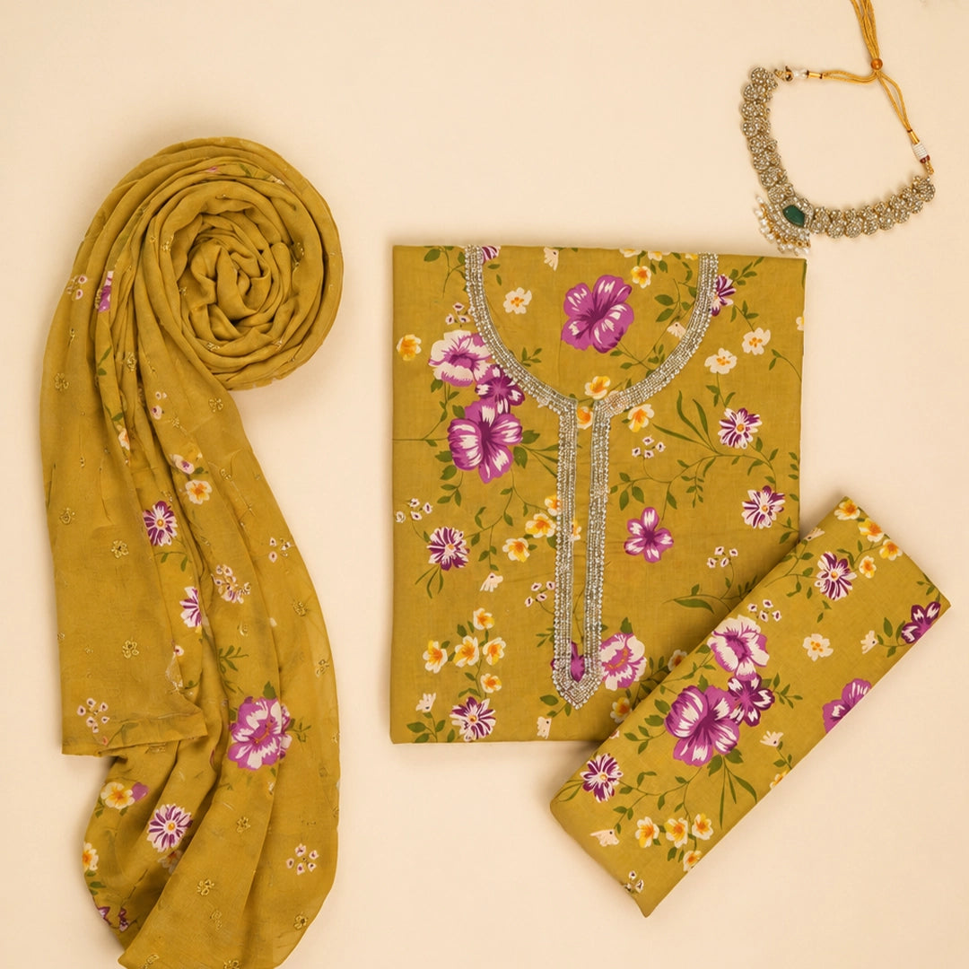 French Yellow Cotton Unstitched Suit Set