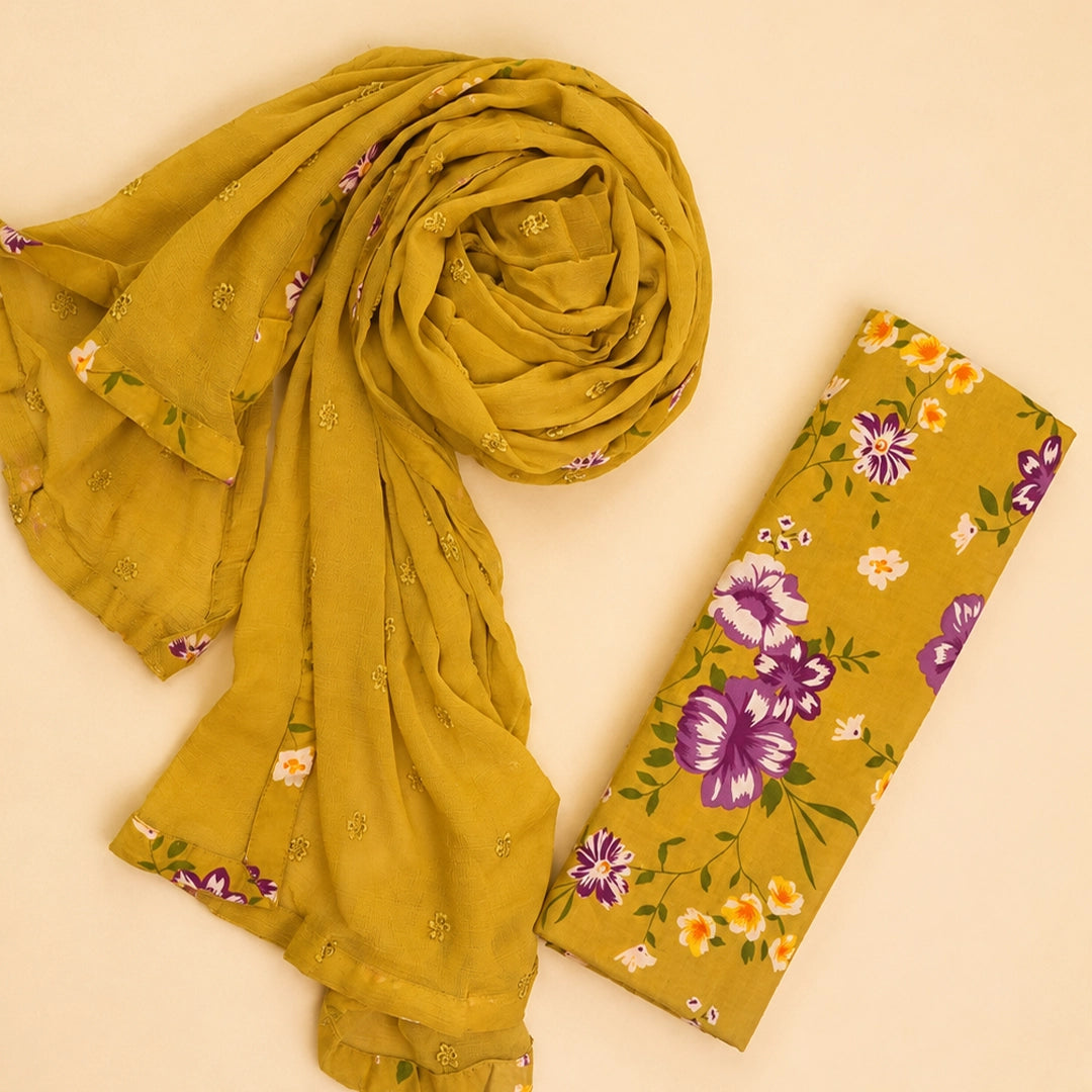 French Yellow Cotton Unstitched Suit Set