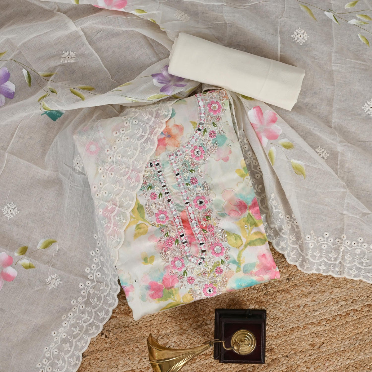 Garlic White Water Print Cotton Suit Set