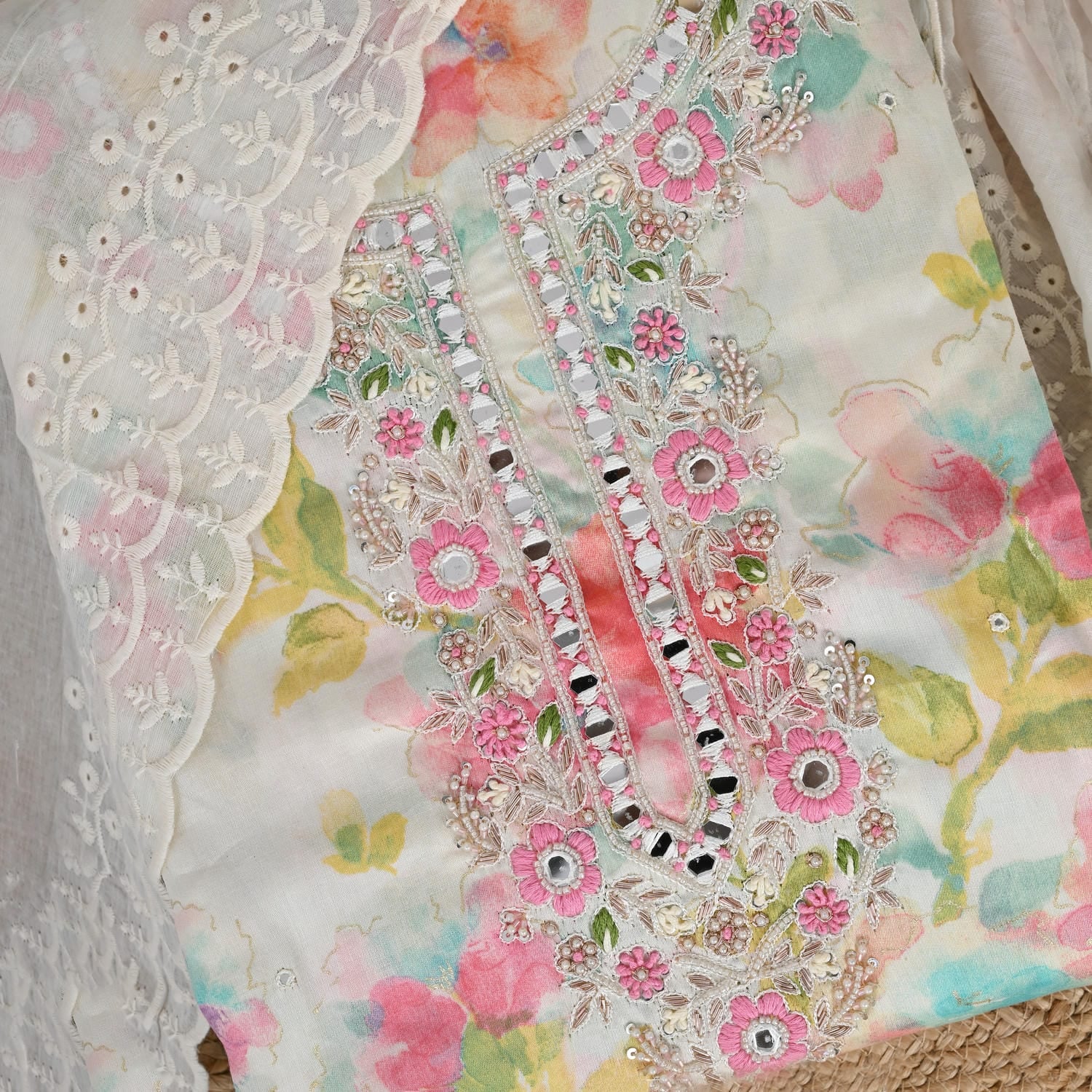 Garlic White Water Print Cotton Suit Set