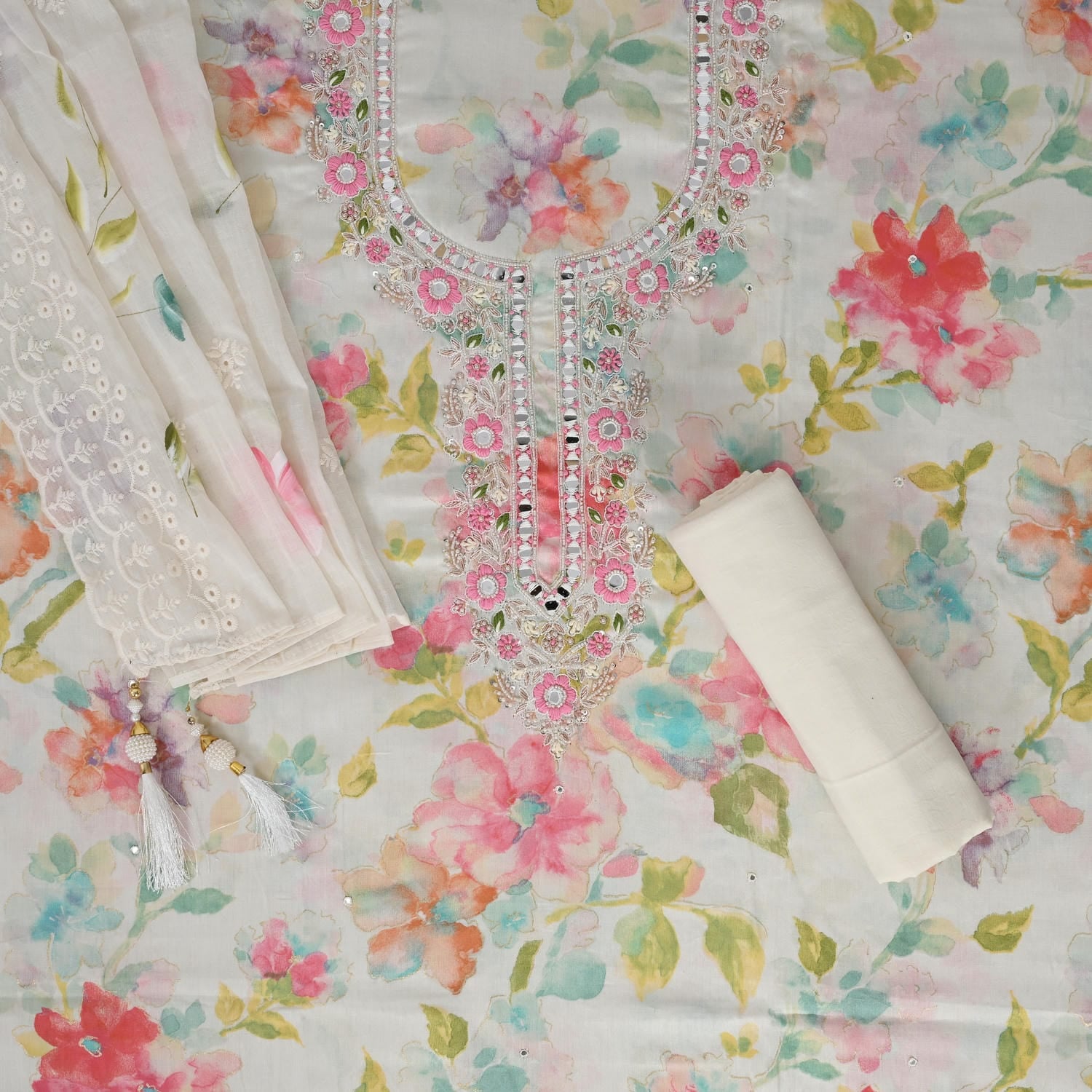 Garlic White Water Print Cotton Suit Set
