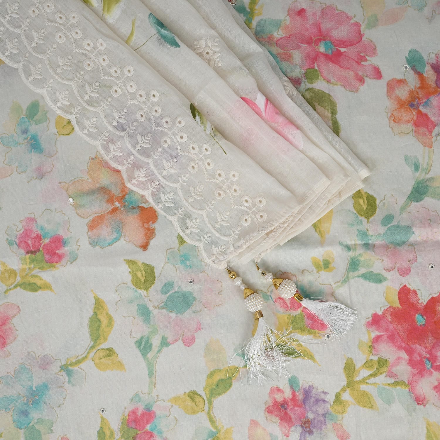 Garlic White Water Print Cotton Suit Set