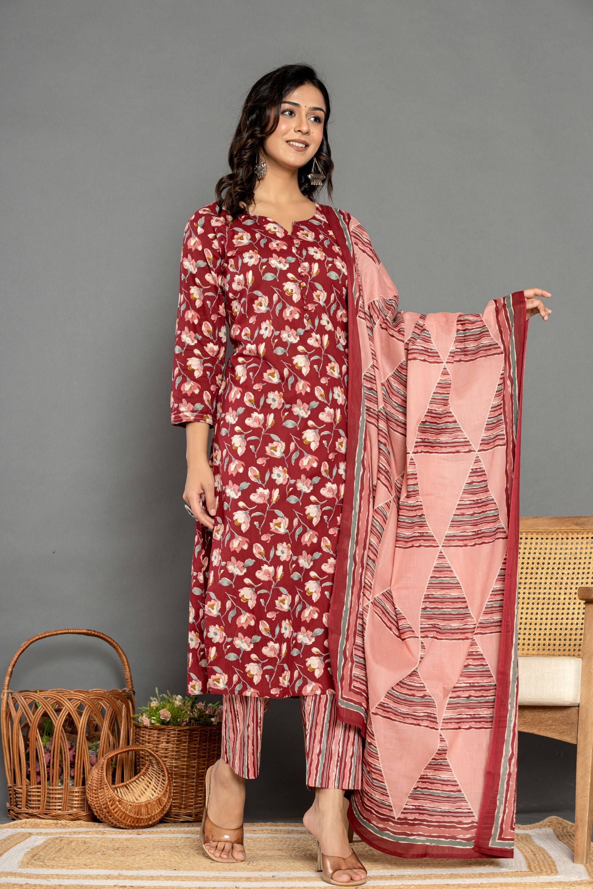 Garnet Marron Cotton Suit Set