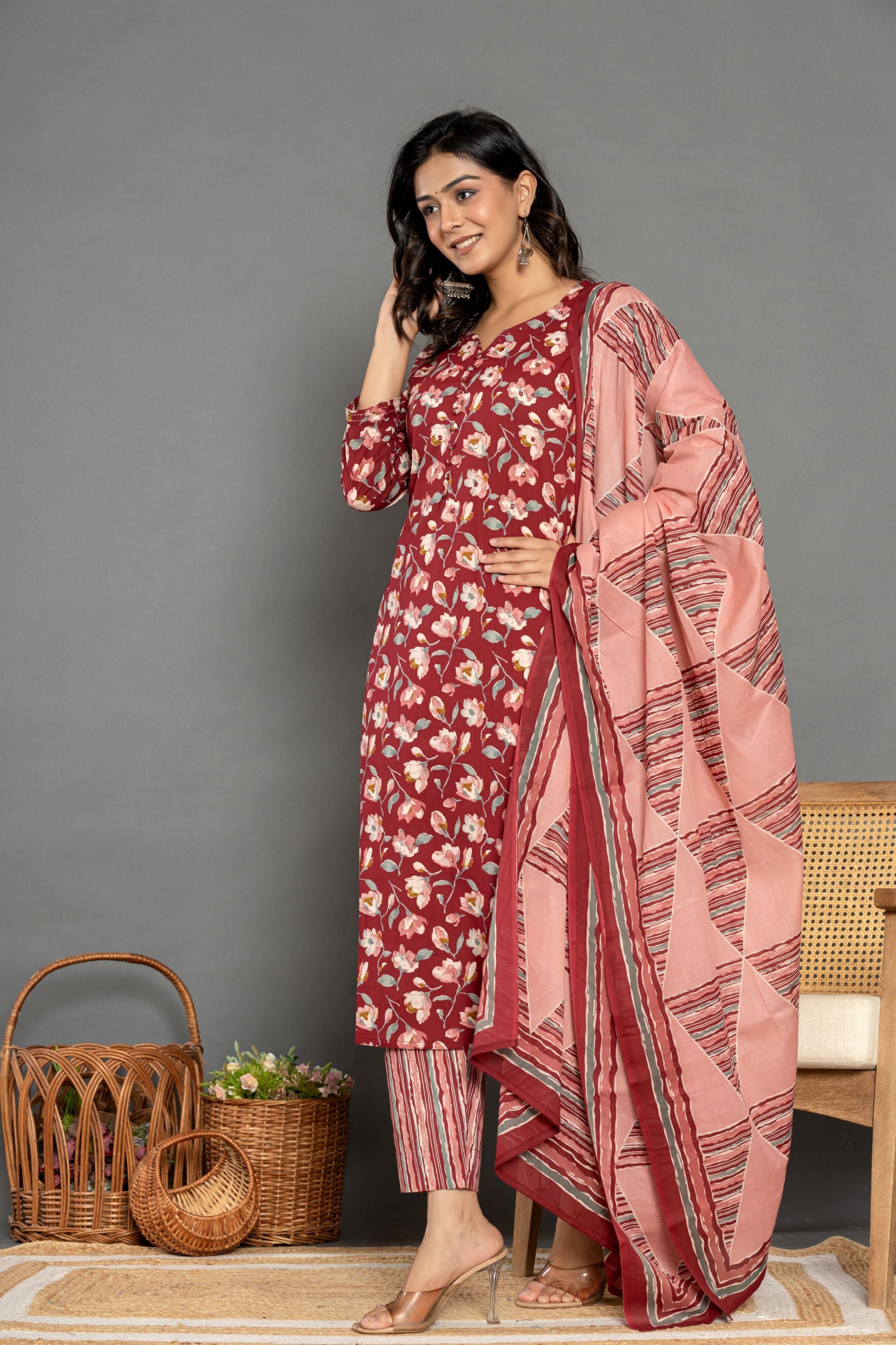Garnet Marron Cotton Suit Set