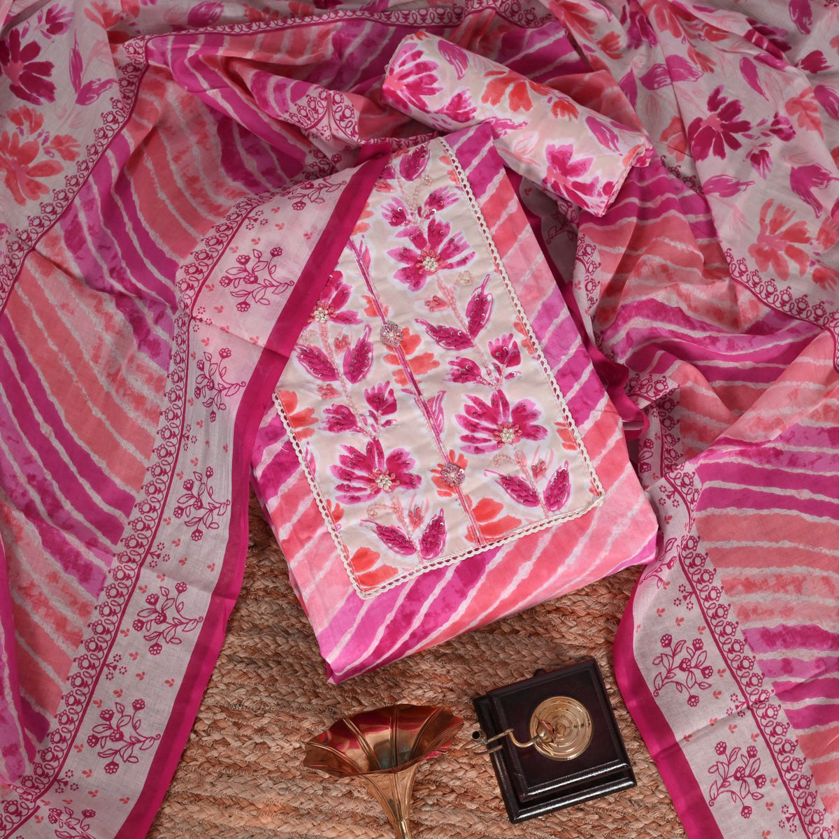 Georgia Pink Leheriya Cotton Unstitched Salwar Suit