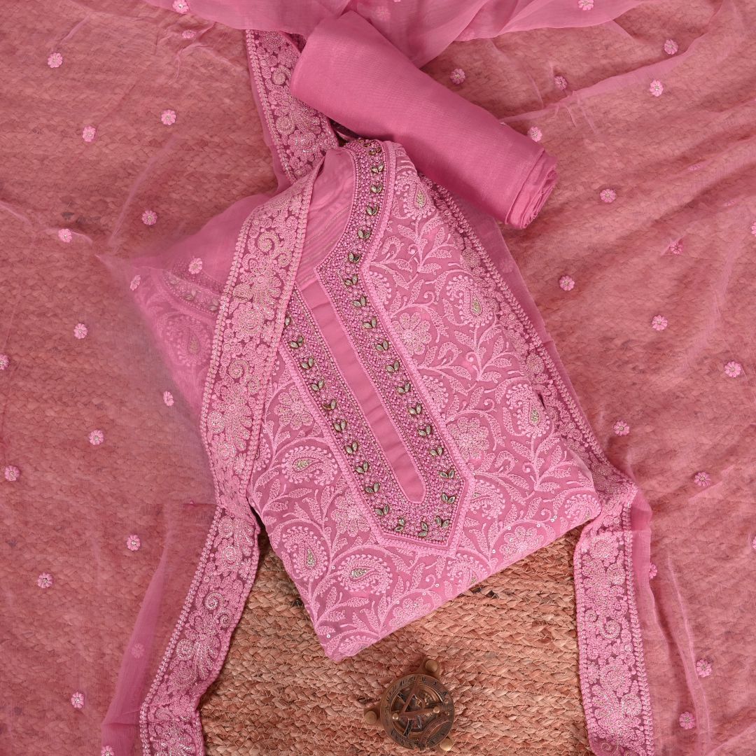 Girly Pink Georget Chikankari Unstitched Salwar Suit