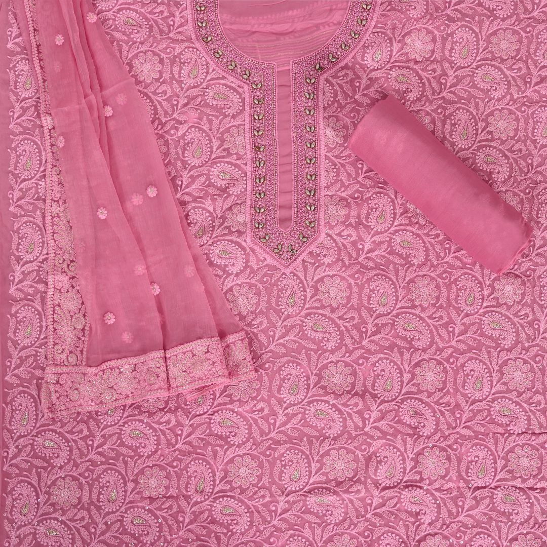 Girly Pink Georget Chikankari Unstitched Salwar Suit