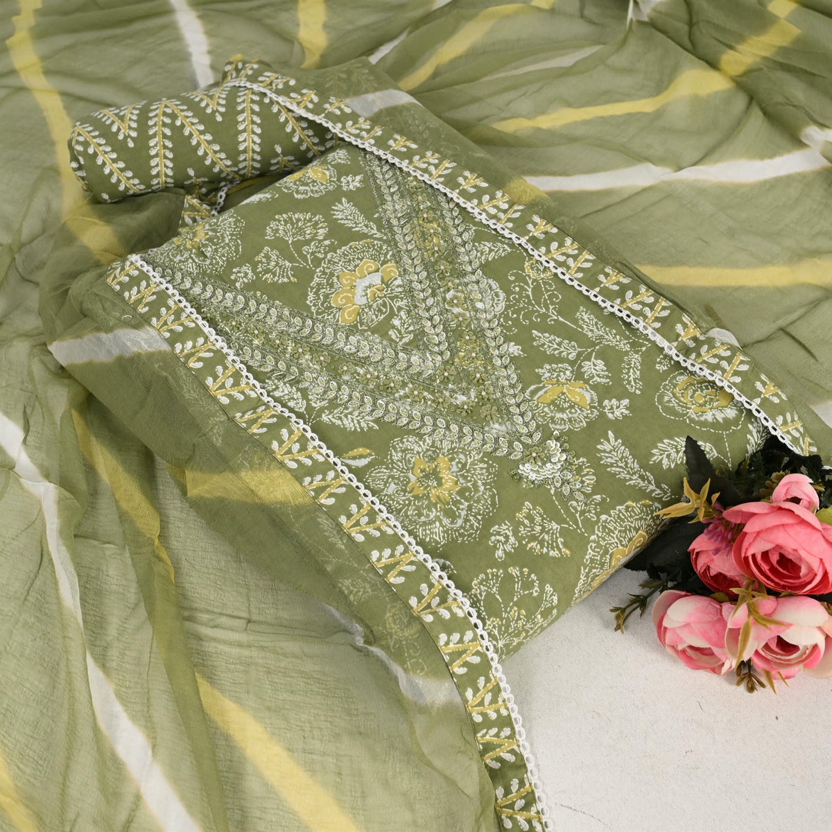 Glacial Green V Neck Cotton Unstitched Suit Set