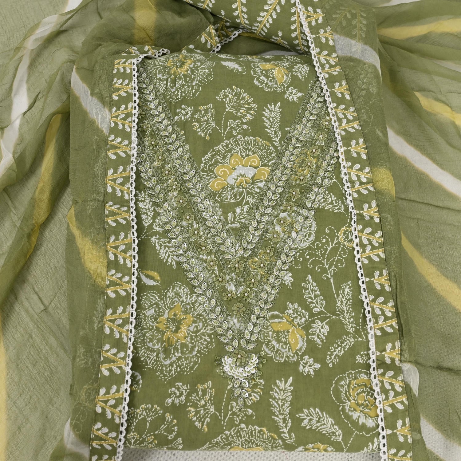 Glacial Green V Neck Cotton Unstitched Suit Set