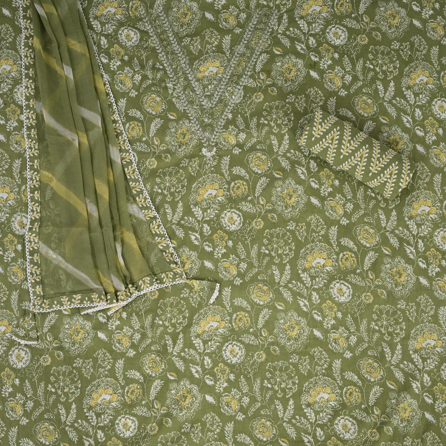 Glacial Green V Neck Cotton Unstitched Suit Set