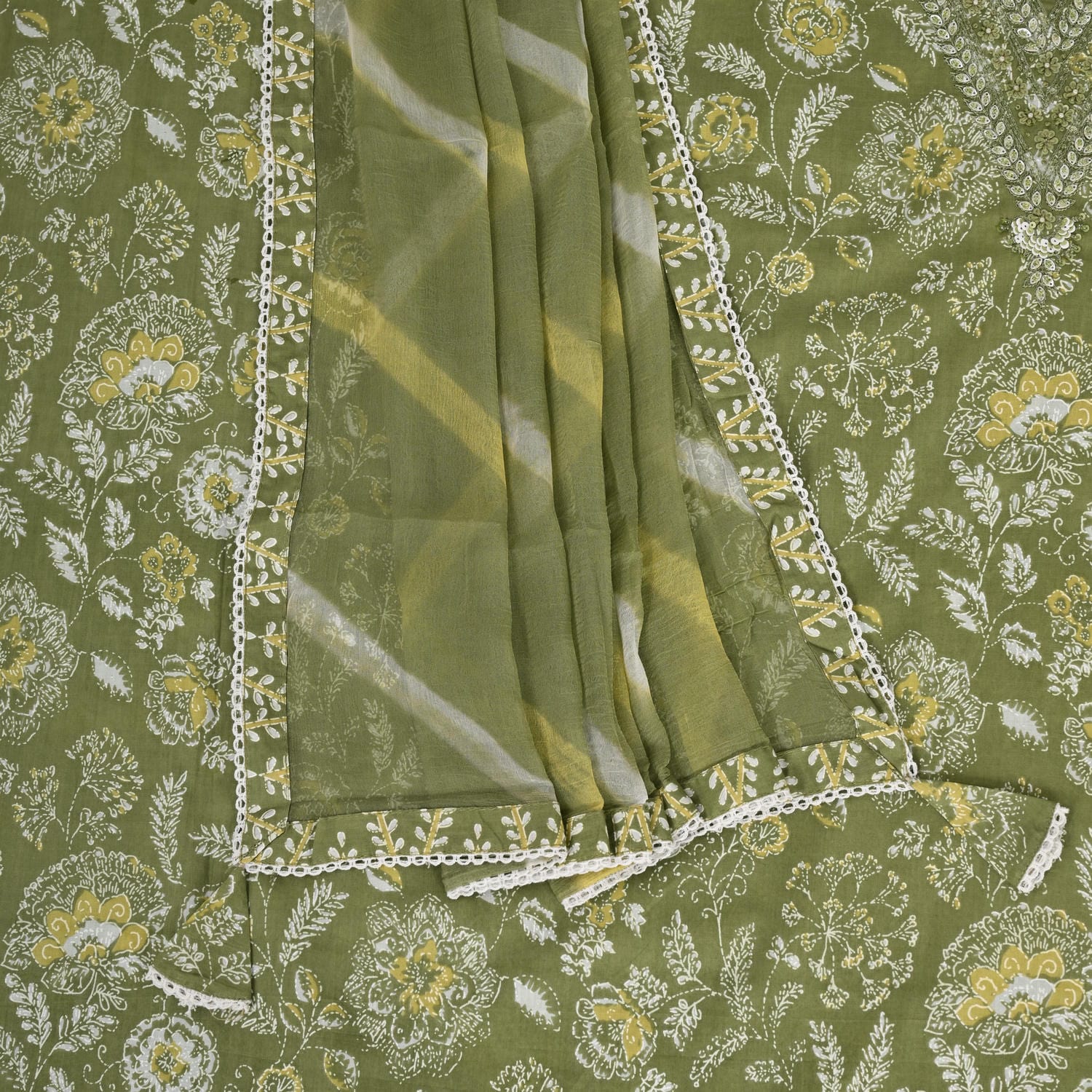 Glacial Green V Neck Cotton Unstitched Suit Set