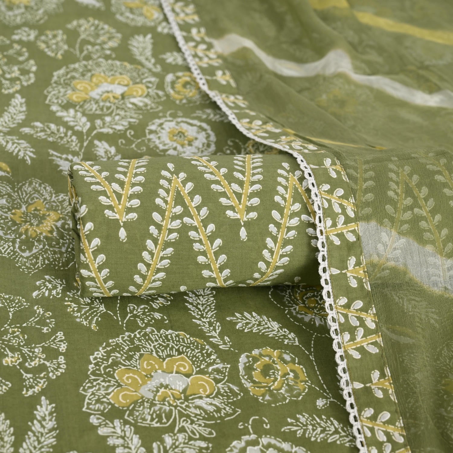 Glacial Green V Neck Cotton Unstitched Suit Set