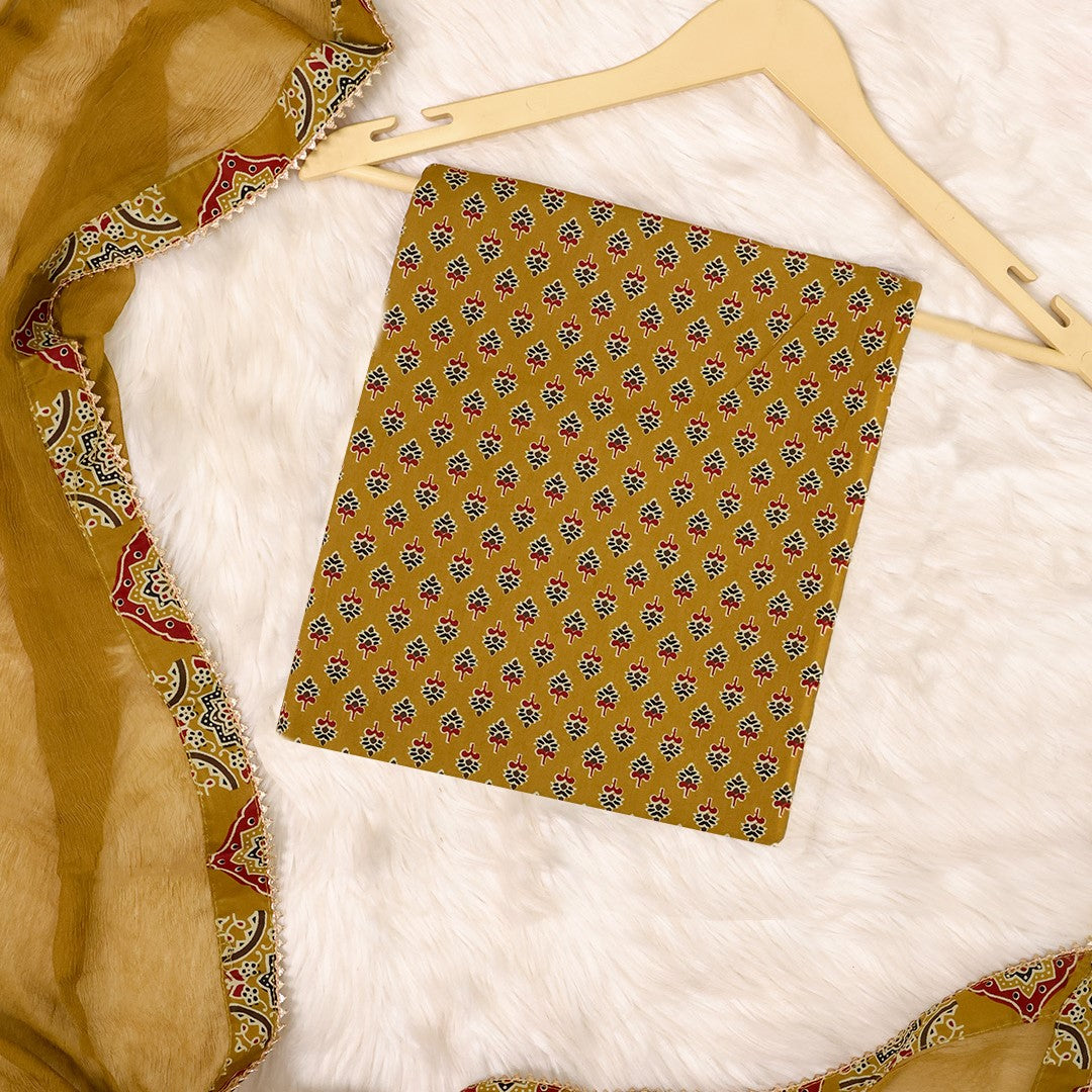 Golden Mustard Ajrakh Print Cotton Unstitched Suit Set
