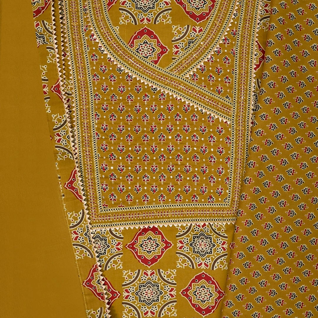 Golden Mustard Ajrakh Print Cotton Unstitched Suit Set